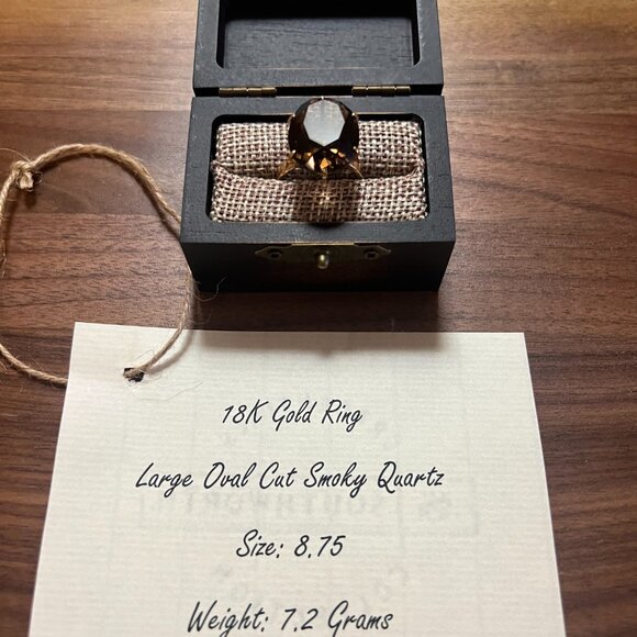 18K Gold ring with large 14+ carat oval cut smoky quartz in size 8.75 - Picture 3 of 7